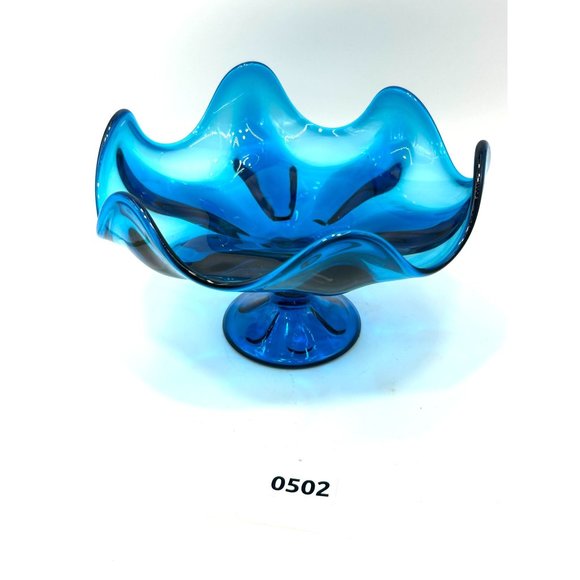 Vintage Bright Blue Compote Dish MCM Viking Art Glass Pedestal Bowl Dish 6 Point - Picture 10 of 10